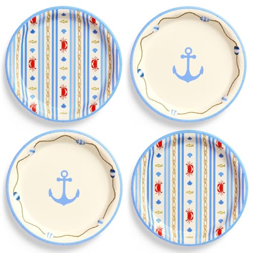 xo Fetti Nautical Plates - 24 Paper Plates 9 | Crab Anchor Coastal Party Summer Seafood Boil Blue Red Beach Decor Preppy