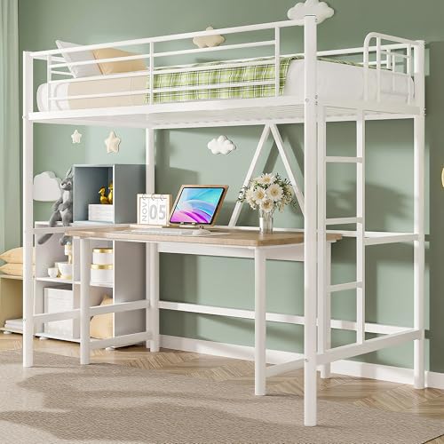VECELO Metal Bunk Bed Single Size High Sleeper Bedframe 90×190cm with Removable Ladder and Safety Guardrail Space-Saving Noise Free No Box Spring Needed White