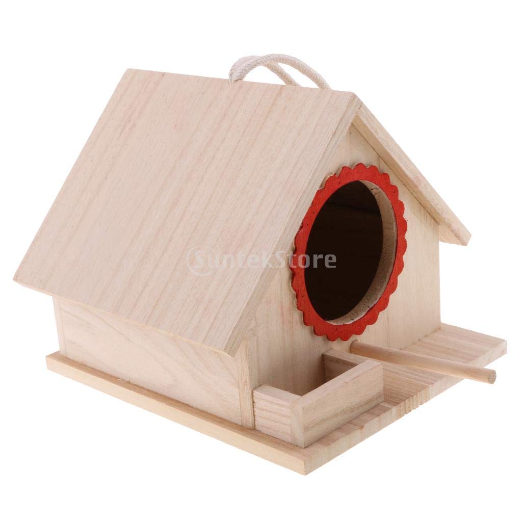 Casa Para Pájaros de Madera con Percha y Cuerda Colgante, Exterior Jardín