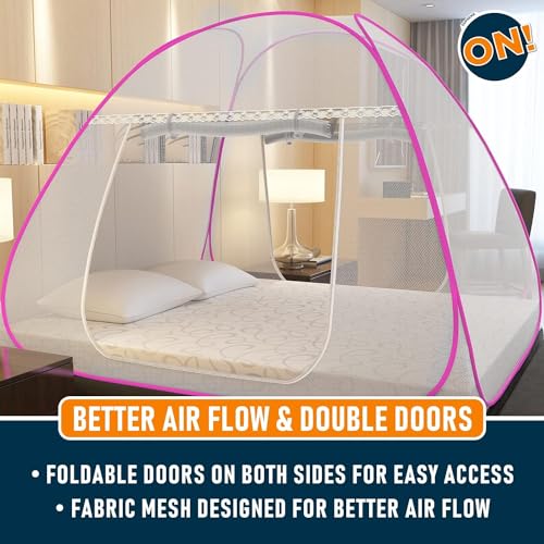 Image of Supreme On Single Bed Mosquito Net with Pocket for Mobile, Spectacles; 6.5 Feet x 4 Feet Premium Machardani, Strong and Durable, 30 GSM, Tent Type, Foldable, Corrosion Resistant, Pink Color