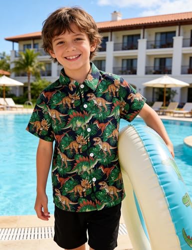 Image of Boys Hawaiian Shirt Kids Button Down Aloha Beach Hawaii Tops 5-14Y | Quick Dry, Breathable, Cooling & Lightweight, For Summer Vacation Holiday, Fourth of July, Youth, Teen, Shark, Dinosaur
