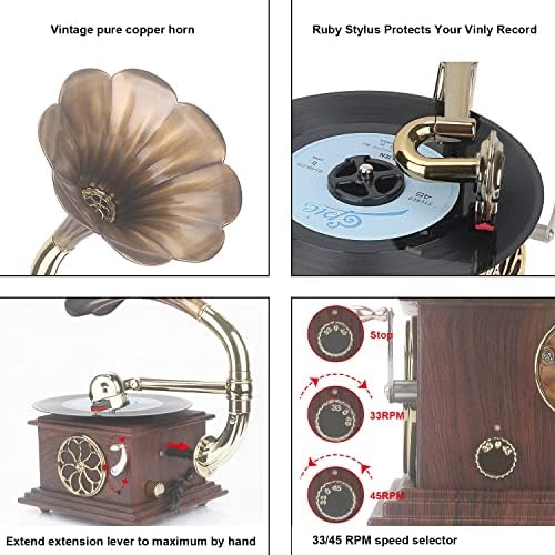 Mini Retro Gramophone Record player with Bluetooth-in USB FM Radio for Home Living Room Decor, Great Collection Gift for Family and Friends