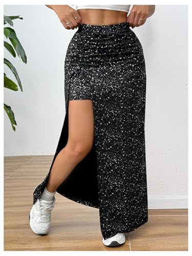 OYOANGLE Women's Split Thigh Sparkly Maxi Skirt High Waisted Party Nightclub Asymmetrical Pencil Skirts4