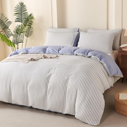 Image of Blue Striped Comforter Set Queen - 3 Pieces Bedding Comforter Set for All Season, Soft Lightweight Washed Microfiber, 1 Striped Comforter and 2 Pillowcases (Blue, Queen Size)
