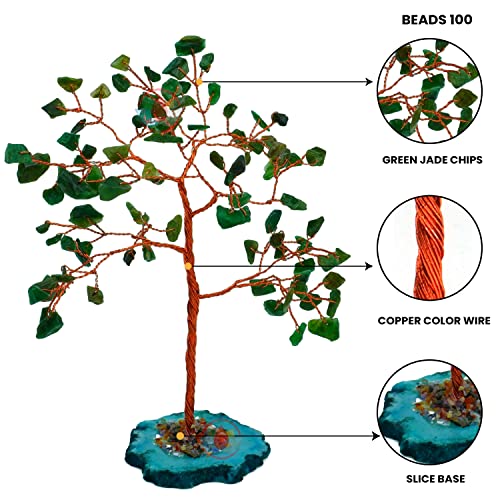 Image of REMEDYWALA Charged Green Jade Crystal Tree with Agate Slice Base for Reiki Healing (100 Beads)