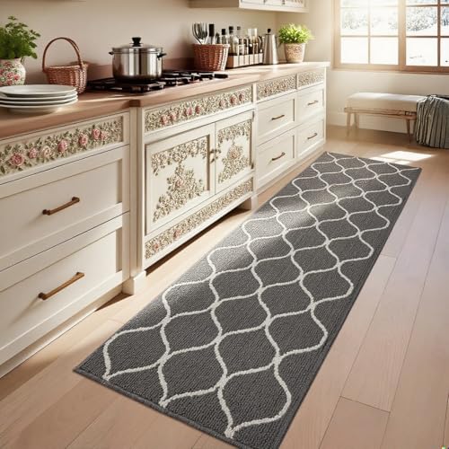 COSY HOMEER Extra Long Kitchen Rug Runner 60 x 180cm, Washable Kitchen Rugs and Mats, Polypropylene Carpet Runner for Kitchen Entryway Hallway Laundry Room, Grey