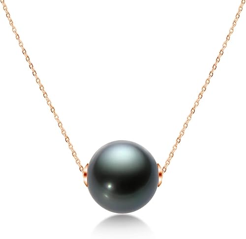 18K Gold Tahitian Black Pearl Necklace for Women, 10-11mm Tahitian Seawater Cultured Floating Single Pearl Pendant with Sterling Silver Chain
