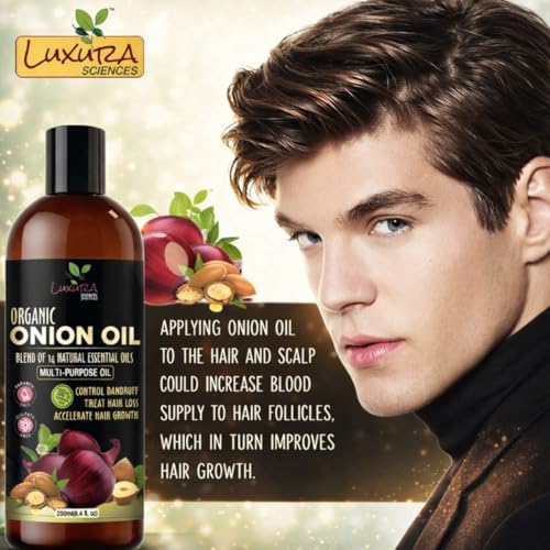 Image of Luxura Sciences Onion Hair Oil 250 ML with 14 Essential Oils, Multi-Purpose Hair Growth Oil /Serum For Complete Hair Treatment with Argan, Bhringraj, Hibiscus, Sesame,Amla,Sweet Almond, Olive and more.