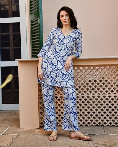 Image of NAINVISH Women's Pink & White Printed Straight Cotton Blend U-Neck Co-ord Set (SD659 KB (3)