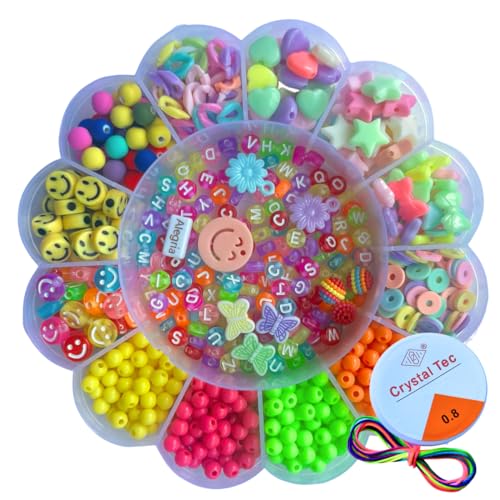 Kit Miçangas Infantil Bijuteria Pulseiras e Colar 1200 Peças Fio de Silicone 10m e Fio de Cetim 1m