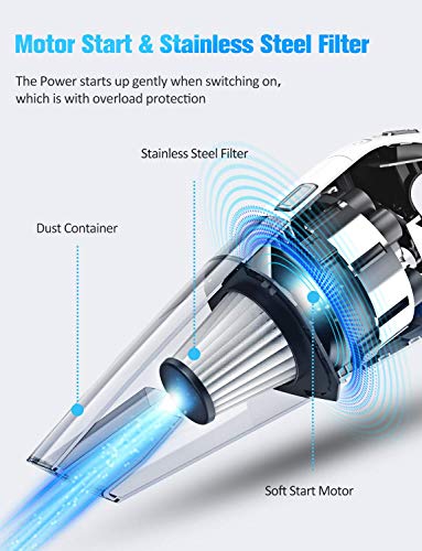 Holife Handheld Vacuum Cleaner Cordless, Lightweight Stainless Steel Filter Hand Held Vac with Rechargeable 2200mAh Lithium Battery, 30mins Hand Vacuum for Car Pet Hair - Thumbnail 3