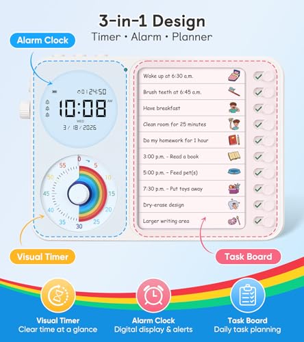 Image of 3-in-1 Visual Timer & ADHD Tool for Kids - ADHD Task Timer for Adults with Visual Schedule, Chore Chart & Planning Board for Home, School, Classroom, Work (White)
