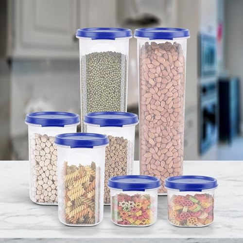 Image of Cutting EDGE Smart Slim Storage Airtight Container-Dark Blue,Set of 7 | Plastic material, size - 2x1.1L+3x585ml+2x250ml , pantry organization, pulses storage, grains storage, kitchen Storage