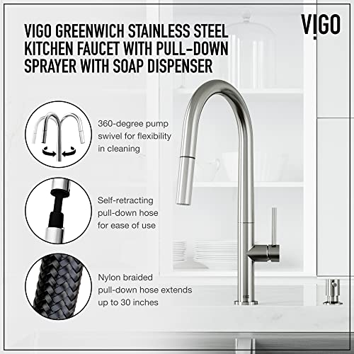 Vigo Greenwich Stainless Steel Kitchen Faucet With Pull-Down Sprayer | Solid Brass Faucet For Kitchen Sink With Soap Dispenser | Single-Handle Kitchen Sink Faucet With Dual Functioning Sink Sprayer #TOP1