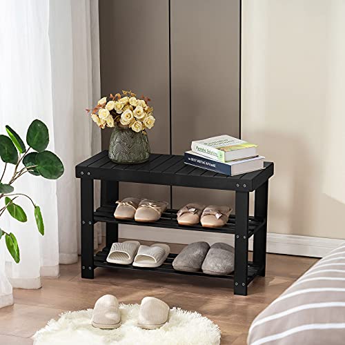 Apicizon Bamboo Shoe Rack For Entryway, 3-Tier Shoe Rack Bench For Front Indoor Entrance, Small Shoe Organizer With Storage, Black #TOP4