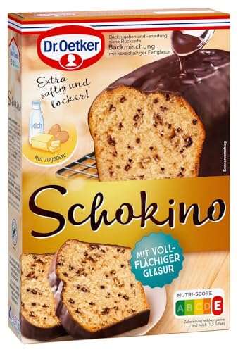 Dr. Oetker Schokino Kuchen, 495 g, Backmischung für Rührkuchen mit Schokoladenflocken und Glasur, vegetarisch