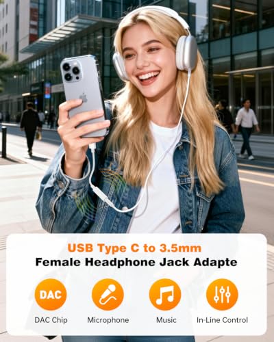 Image of USB C to 3.5mm Headphone Adapter, Hi-Fi Audio Dongle with DAC Chip & Mic Support, Type C to Aux Jack Cord for iPhone 17 /16 /15 Pro Max, Samsung Galaxy S25 /S24 /S23 /S22, Pixel, iPad - White (2 Pack)