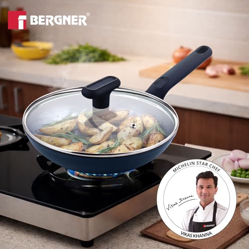 Image of BERGNER Jade 24cm Frypan with Glass Lid, Ceramic Non-Stick Coating, Sturdy Soft Touch Handle, PFOA /PFAS /PTFE Free, Consumes Less Oil, Healthy Cooking, Forged Aluminium - Induction and Gas Stove Ready