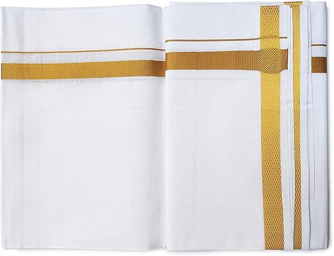 Herren Traditionelles Dothi Weiß mit sattem goldenem Zari-Bordüre (100% Baumwolle, weich, Kasavu, Mundu, Veshti) einlagig, weiß