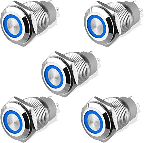 12mm Momentary Push Button Switch, Waterproof 12V SPDT Self-locking ON/OFF Switch Start Button with Blue Light, 4 Pin Metal Latching Switch for 1/2" Mounting Hole Car Marine Home, 5 Pack