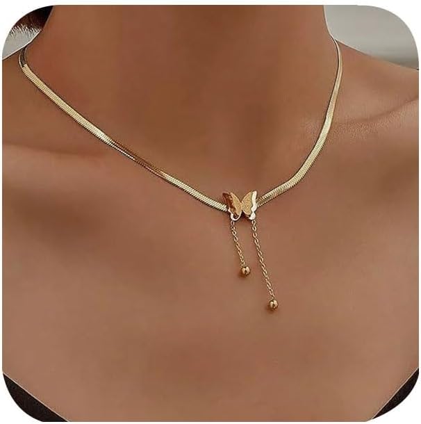 Stackable Butterfly Necklace, Not Tarnish 14K Gold Herringbone Choker Necklace for Women Fashion Snake Chain Necklace Jewelry Gifts for Christmas Stocking Stuffers