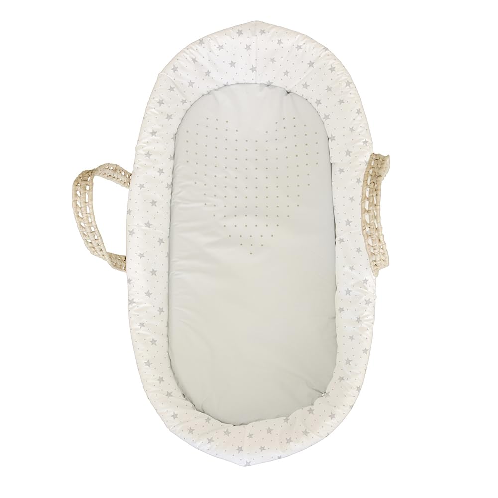 Tanuki Moisés de Mimbre Natural para Bebé con Base de Madera - Hecho a Mano - Colchón Incluido - Estilo nórdico - Stars Dots Blanco