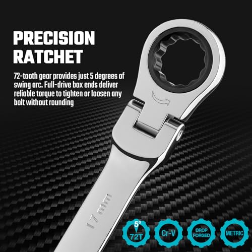 DURATECH Flex-Head Ratelsleutelset, combinatiesets, 72 tanden, metrisch, 9-delig, 8, 10, 11, 12, 13, 14, 15, 16, 17mm, CR-V staal, met rolkoffer - Afbeelding 6