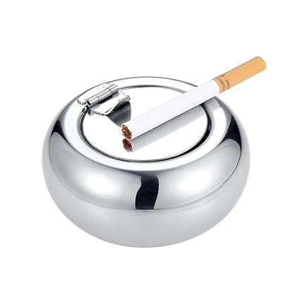 ZEERKEER Large Size Ashtray,Stainless Steel Ashtray Drum Shape with Lid for Families, Homes, Bars, Cafes, Hotels, Restaurants