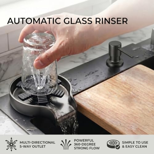 Image of ARQUIN Kitchen Sink 24 inchx18 inchx9 inchInch Waterfall Kitchen Sink Original 304 Grade Stainless Steel ANTI SCRATCH Black Matt Finish DESIGN Integrated Pull-down Faucet with Cup washer & Drain Baskets