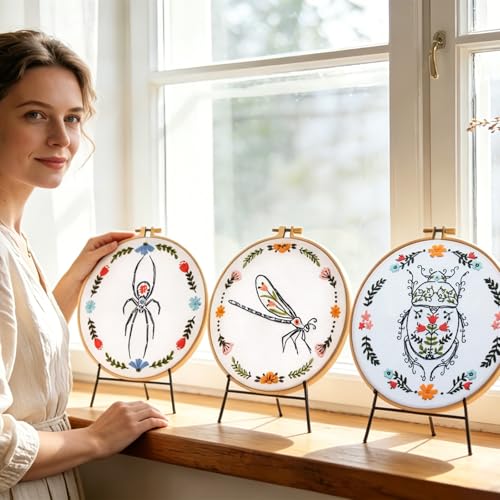 Image of Armindou Hand Embroidery Kits for Beginners Adults, Insect Flowers Embroidery Set Needlepoint Kits, Spider Stamped Cross Stitch Kits for Beginners Adults, 3 Embroidery Hoops (Attached Video Tutorial)