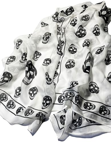 Mazeology Skull Scarf Genuine Pure Silk Soft Chiffon 59” Long Scarf Gothic Punk Pirate White/Black 26” Wide for Women/Men Trendy Punk Accessory3