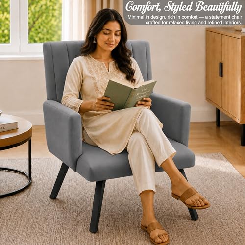 Image of Rosebell Modern Accent Chair for Living Room | Single Seater Chair with Armrests & Metal Legs | Comfortable Lounge Chair for Bedroom, Reading & Office | Grey