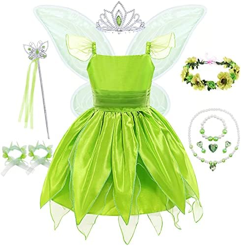 Green Fairy Princess Dresses for Girls Child Clothes Costume Kids Tinkerbell Cosplay Set Flower Fairy Carnival Halloween Birthday Party Princess Dress Up Clothes for Girls with Wing and Accessories,3T