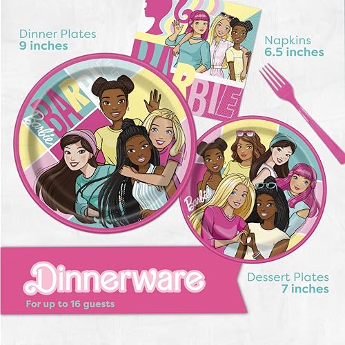 Image of Barbie Birthday Party Decorations | Barbie Party Decorations | Serves 16 Guests | Balloons, Banner, Tablecover, Plates, Napkins, Button | Officially Licensed