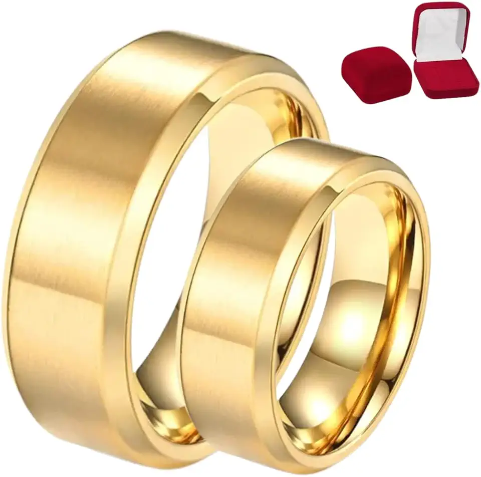 Par Aliança Tungstênio 8mm Chanfrada Banhado a Ouro 18K Com Estojo Luxo