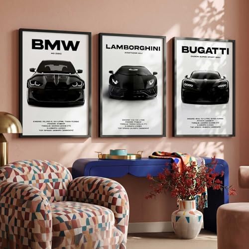 Image of walllane Big BMW M3, Lamborghini Aventador, Bugatti Chiron Cars Framed Posters Gift Items for Boys Room Wall Decoration | Car Poster Frame for Wall Decor Set Of 3 Size(10x13 inch), Framed