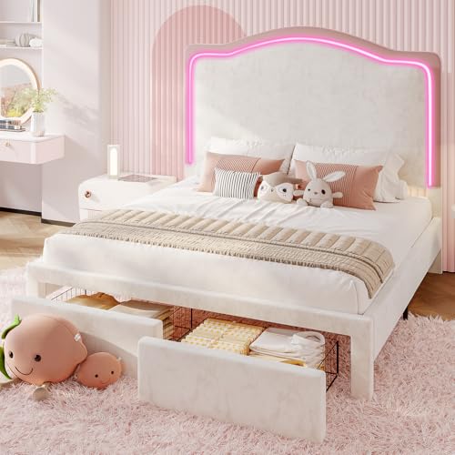 With Storage Drawers, Upholstered Platform Bed With 51" Adju