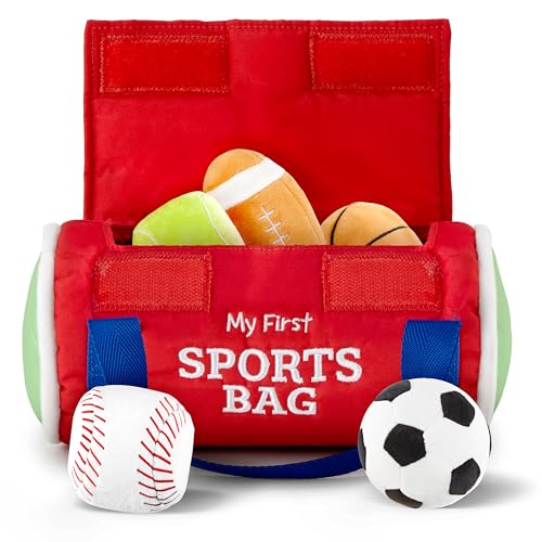 Kidaddle Baby's First Sports Bag - Large, Plush Sensory Balls with Travel Bag, Toddler Sports Bag with Rattling Football, Squeaky Soccer Ball, Crinkle Baseball Toy and More!