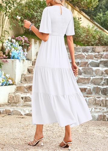 Image of KIRUNDO Summer Dresses for Women 2026 Spring Casual Flutter Short Sleeve Wedding Guest Smocked Flowy Tiered Aline Midi Dress
