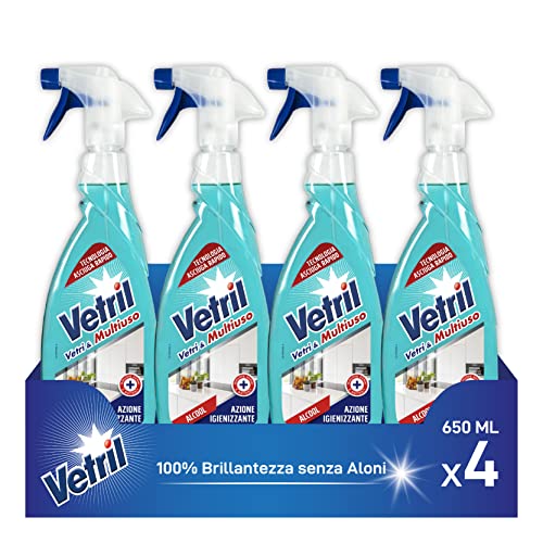 Vetril - Spray Igienizzante Vetri e Superfici, Contro Batteri e Cattivi Odori, Brillantezza Senza Aloni, 650 ml x 4