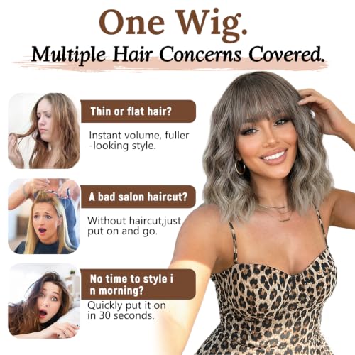 Image of Nnzes Ash Wigs for Women 16 Inch Synthetic Short Curly Wig with Bangs | Ash Brown Ombre | Natural Looking | Soft Wavy | Heat Resistant | Shoulder Length | Beginner Friendly | Daily Cosplay