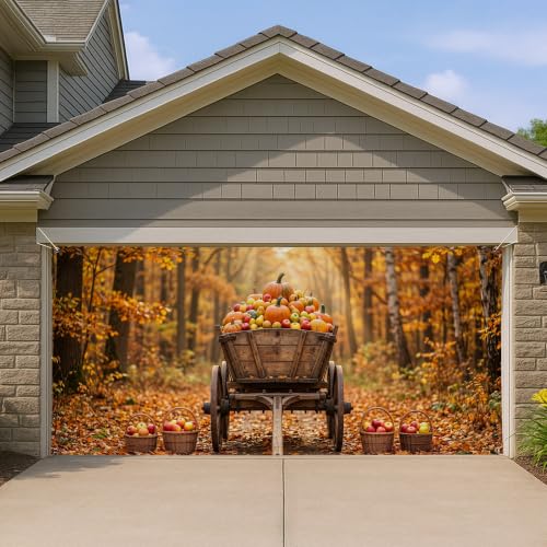 Cubierta para puerta de cochera, calabazas naturales rústicas, manzanas, otoño, naranja, decoración del hogar, jardín, patio, exterior, interior, fiesta, telón de fondo, 157 x 71 pulgadas