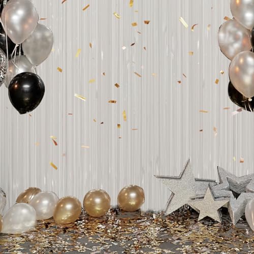 Image of DECOCKRAT 3 Pack Foil Fringe Backdrop - White Shiny Tinsel Curtains for Party Decoration /Photo Booth Props - 3.3x8.2 FT Metallic Foil Backdrop for Birthday, Wedding, Graduation, Christmas.