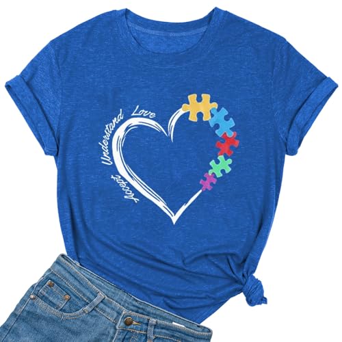 Yimoya Womens Autism Awareness Shirts Love Heart Autism Puzzle Graphic Tees Autism Mom Gift T-Shirt (1-Blue, L)