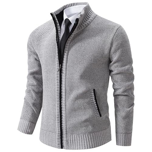 Men's Stand Collar Knitted Cardigan Slim Fit Full Zip Up Sweater Pockets Stand Collar Cable Knit Jacket