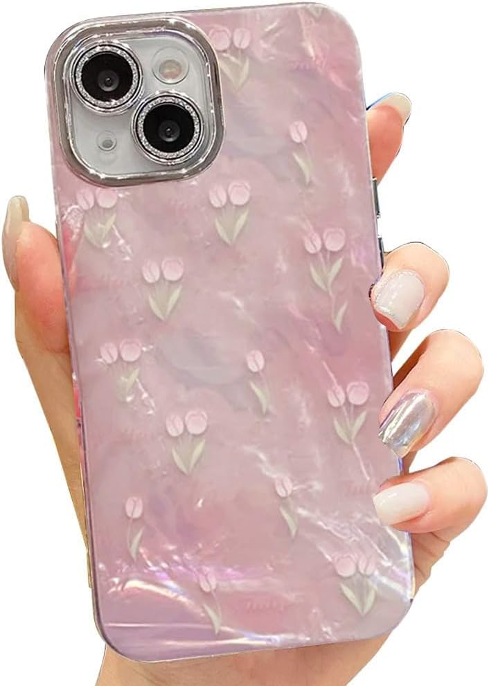 Designed for iPhone 14 | Camera Lens Protection |Tulip Flower Pattern Print Design TPU+PC for Women Teen Girls Phone Back Cover Case (Tulip Pink)