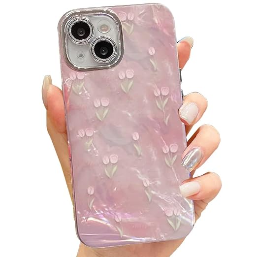 mobistyle Designed for iPhone 13 Camera Lens Protection Tulip Flower Pattern Print Design TPU+PC for Women Teen Girls Phone Back Cover Case (Tulip Pink)
