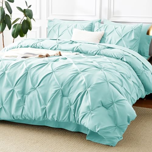 CozyLux Queen Comforter Set Spa Blue, 7 Pieces Pintuck Bed in a Bag