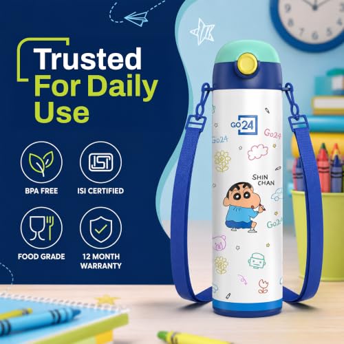 Image of Go24 pexpo Crayon Shinchan ISI Certified Stainless Steel Water Bottle for School Kids - 500ml | 2-Year Warranty |3 Layer Insulation |Hot & Cold Vacuum Flask | 4+ Years | Denim Blue Little Artist