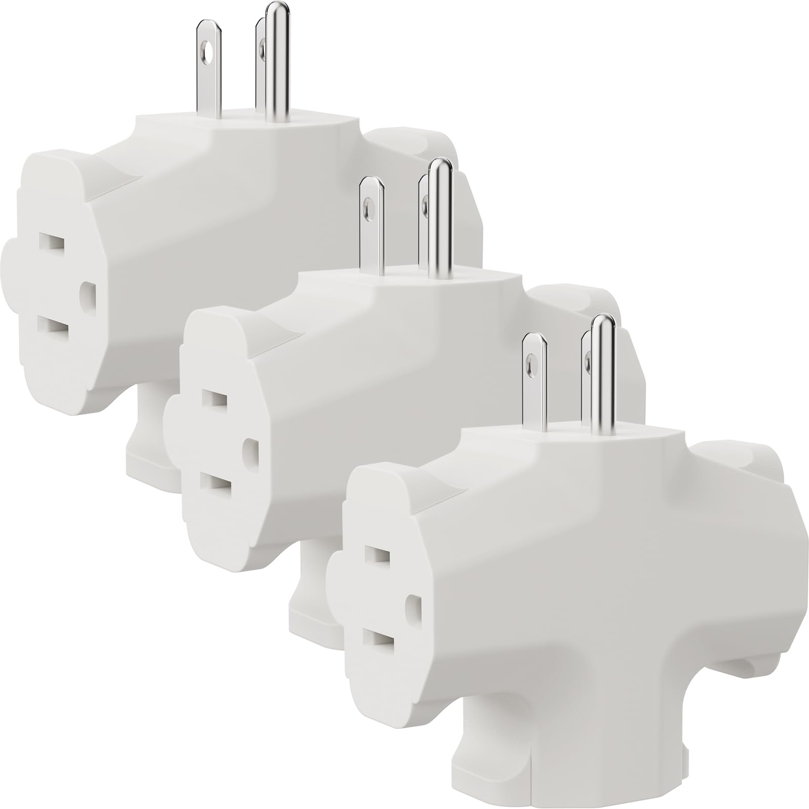 PLUGTUL 3 Way Plug Adapter, 3 Plug Wall Adapter, 3 Prong, Grounded, 15A, 1875W, Multiple Plug Expander for Home, Outdoor, ETL Listed, White, 3PACK